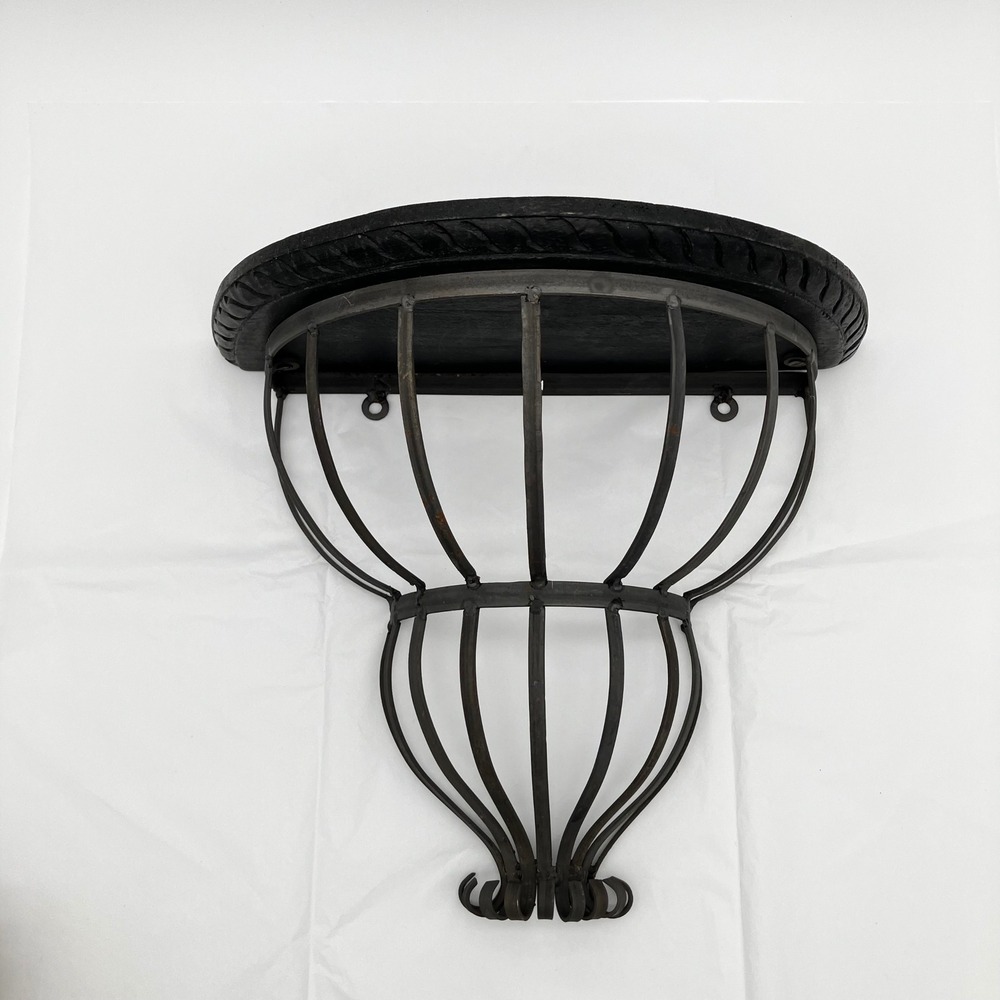 Wall Sconce Shelf 12x10 Black Wrought Iron Cage Carved Wood Top Vintage